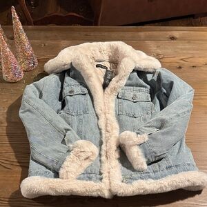 Love Token Light Blue Denim Jacket with Cream Fur Trim